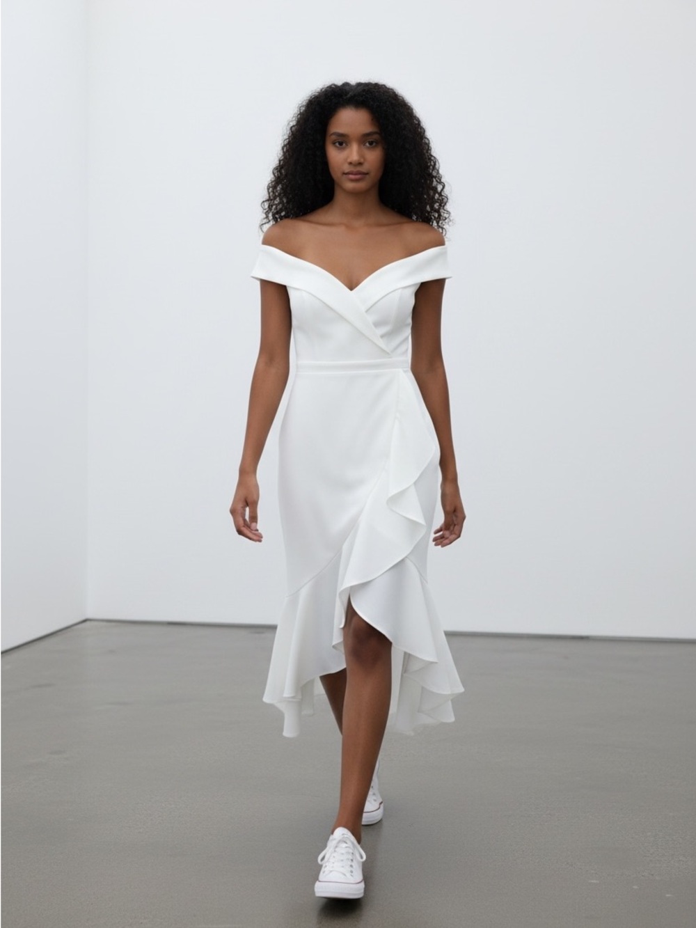 XSCAPE White Off-Shoulder Ruffle Midi Dress Size 6